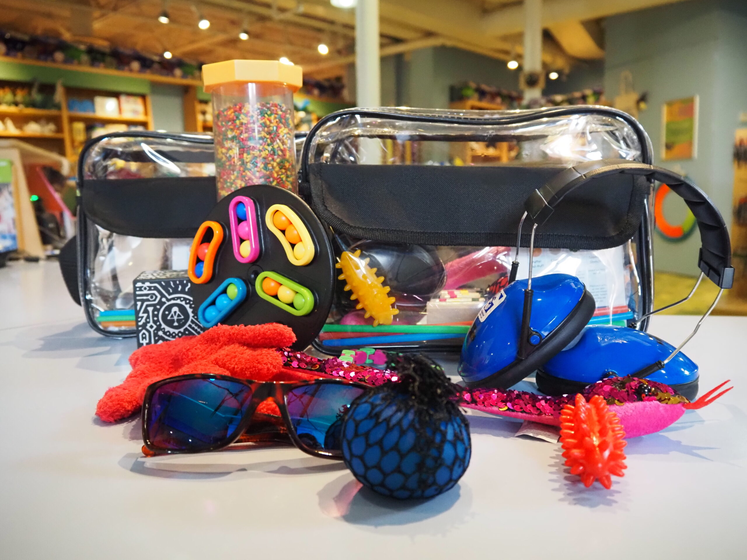 Sensory kit with fidgets, headphones and sunglasses